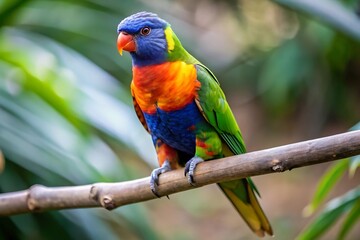 Obraz premium A Colorful Parrot With a Blue Tail Sits on a Branch