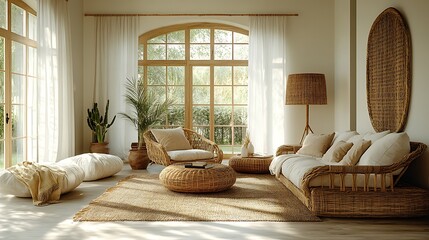 Eclectic bohemian living room with soft, diffused lighting from a rattan-shaded floor lamp, creating a cozy, warm space. The room is filled with woven decor, wooden furniture, and soft, warm lighting,
