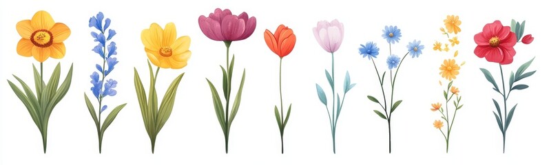 Collection of colorful flowers isolated on white background.