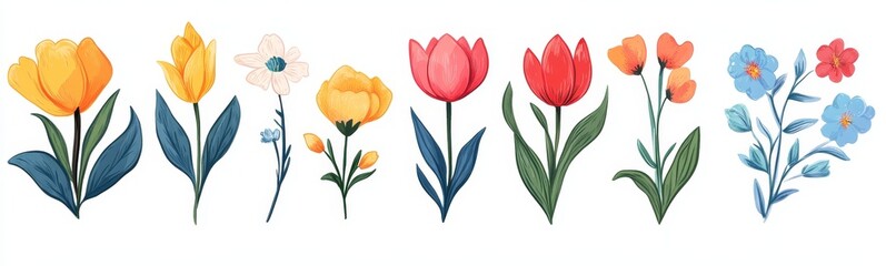 Fototapeta premium Set of colorful tulips, daffodils and forget-me-nots.