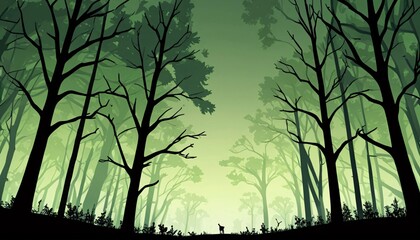 Obraz premium Silhouettes of trees in a dense forest, a lone figure stands in the distance.