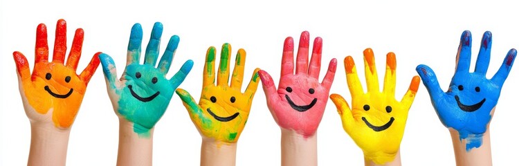 Six colorful hands with painted smiling faces raised in the air.