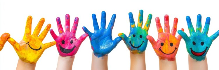 Six colorful hands with smiley faces painted on them, against a white background.