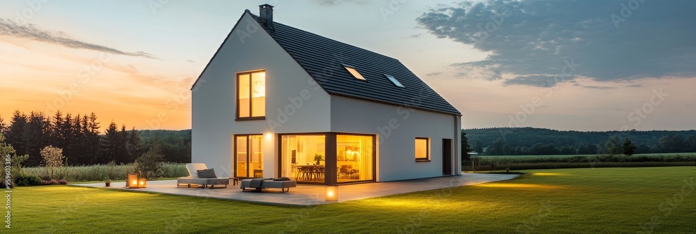 Poster modern house with large windows lit up at dusk.