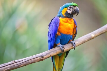 Obraz premium A Colorful Parrot With a Blue Tail Sits on a Branch
