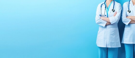 Healthcare professionals standing confidently in a row, modern hospital team with stethoscopes, medical teamwork concept