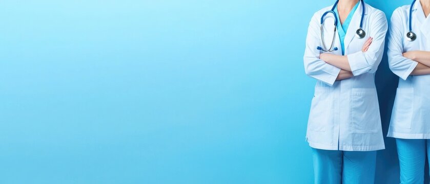 Healthcare professionals standing confidently in a row, modern hospital team with stethoscopes, medical teamwork concept