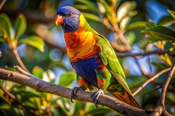 A Colorful Parrot With a Blue Tail Sits on a Branch