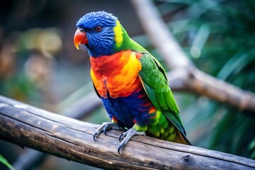 Obraz premium A Colorful Parrot With a Blue Tail Sits on a Branch