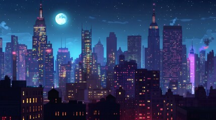 A night cityscape with tall buildings illuminated by streetlights, a bright moon, and a starry sky.