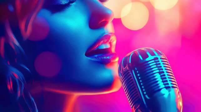 A vibrant singer delivers an electrifying performance with a vintage microphone amidst colorful lights.