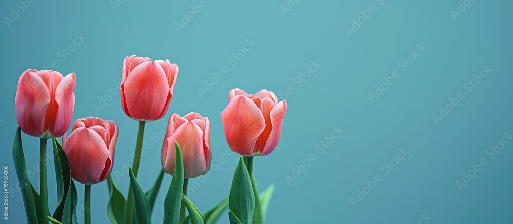 Poster A group of pink tulips against a blue background. Copy space image. Place for adding text and design