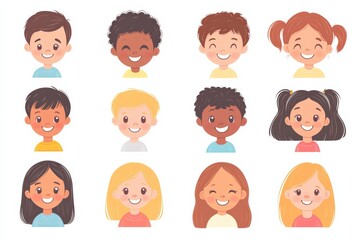 Set of children avatars. Bundle of smiling faces of boys and girls with different hairstyles, skin colors and ethnicities. Colorful flat vector illustration isolated on white background 