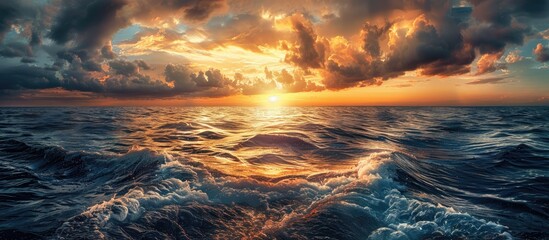 Baltic Sea post storm panoramic perspective from a sailing boat Dramatic sunset sky with glowing clouds and golden sunlight Picturesque seascape Nature cruising travel destinations. Copy space image