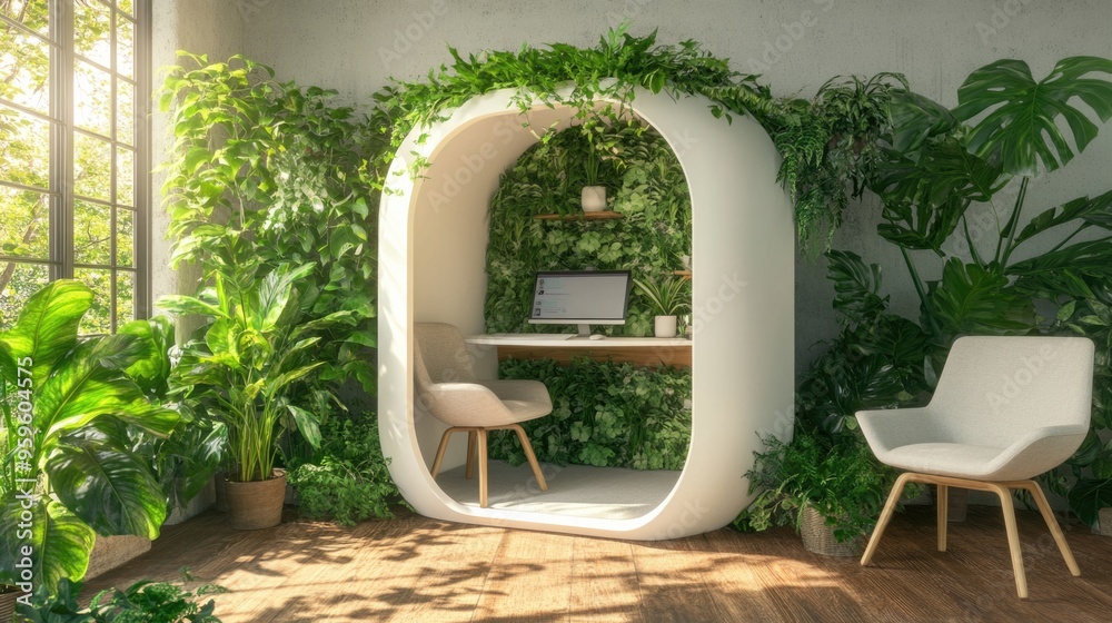 Wall mural Modern home office with lush greenery and cozy furniture.