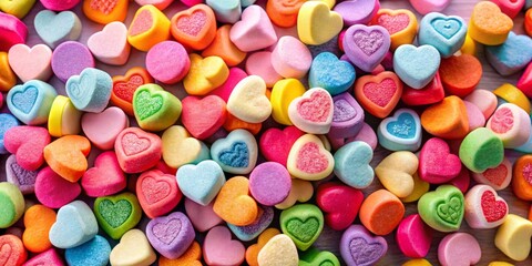 Fototapeta premium A photo image of assorted colorful candy hearts with heart-shaped designs and sweet sayings on them.