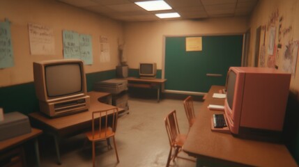 Vintage computer room, retro technology, old monitors, nostalgic office setup, classic workplace.