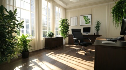 Modern home office with large windows, greenery, dark wood furniture, and natural light.