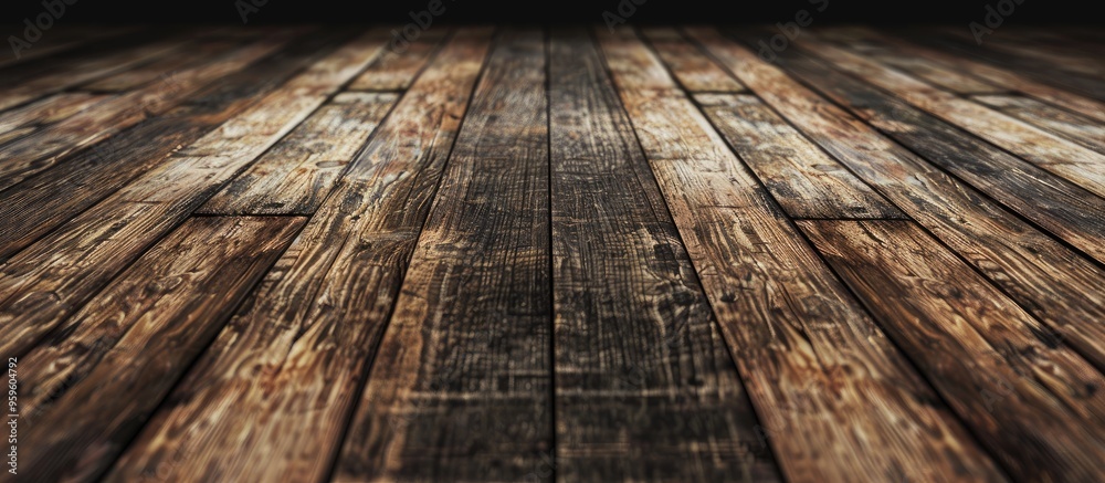 Poster grunge plank wood floor texture background from a perspective view for displaying or showcasing a pr