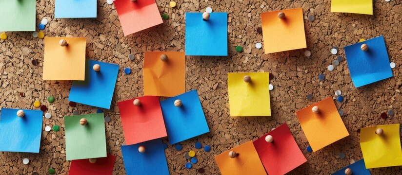Cork board featuring multiple vibrant blank notes with pins. Copy space image. Place for adding text and design