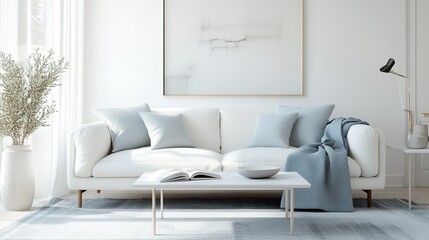 A minimal living room with a light blue wall. The room is very clean and well-lit.