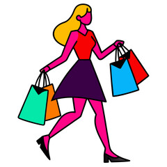 A stylized illustration of a woman with long blonde hair, walking confidently while carrying colorful shopping bags