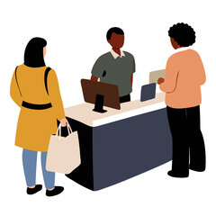A customer with a handbag talks to a cashier behind a counter, while another customer stands nearby, both engaged in conversation