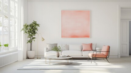 A minimal living room with a pink wall. The room is clean and well-lit, with a window letting in natural light.