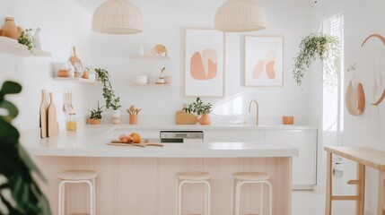 Fototapeta premium A minimal kitchen with a pink wall. The room is clean and well-lit, with a window letting in natural light.