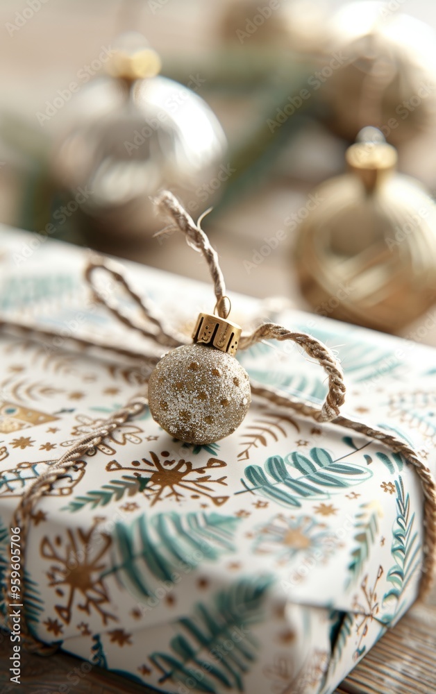 Sticker Close-up of a beautifully wrapped holiday gift with festive ornaments, creating a warm and cheerful atmosphere.