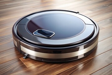 Photo image of a futuristic robotic vacuum cleaner with a sleek and curved design, equipped with advanced suction technology and a detachable charging dock.
