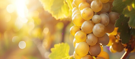A cluster of ripe yellow grapes on the vine An outdoor rural setting Concept of the harvest season Close up shot with copy space