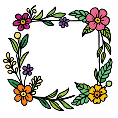 Colorful floral corner border with various flowers and leaves on white background