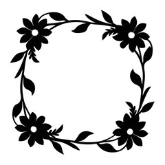 Black floral wreath silhouette with leaves and flowers on a white background