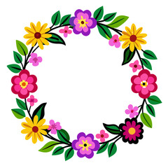 Colorful floral wreath with pink, yellow, and purple flowers on a white background