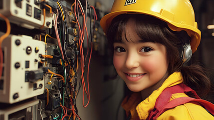 A young girl in a yellow hard hat smiles near electrical equipment.