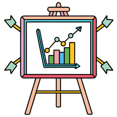 An illustration of a colorful bar graph and line chart on an easel with arrows pointing outward