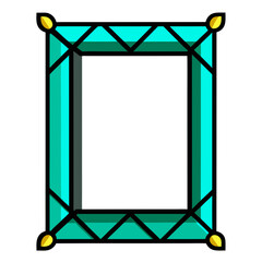Stylized illustration of a square frame with turquoise panels and gold corners on white background
