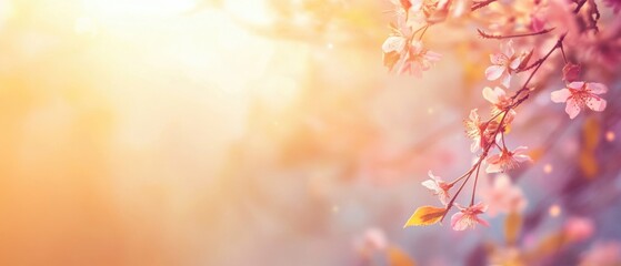 Fototapeta premium Beautiful cherry blossom branches illuminated by soft sunlight, creating a serene and tranquil atmosphere perfect for springtime.