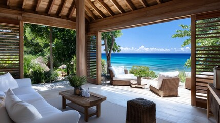 A beach house with a large patio area with a grill, chairs, and a table. The patio overlooks the ocean and has a view of the water