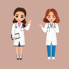 Fototapeta premium Cute cartoon woman in doctor uniform with different acting character