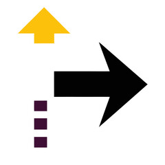 Graphic with yellow upward arrow and black rightward arrow with three purple squares as bullet points