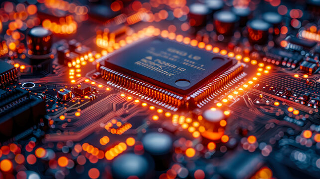 Close-Up of an Advanced Microchip on a Glowing Circuit Board, High-Tech Technology, Futuristic Electronics, Embedded Systems, Digital Processing, Evening Light, Innovation, Engineering, Hardware