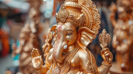 Obraz premium Stunning golden statue of lord ganesha, symbolizing wisdom, prosperity, and spiritual abundance
