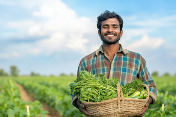 happy indian farmer holding a basket of freshly harvested vegetables