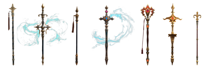 set of magic wizard staff isolated on transparent background.generative AI