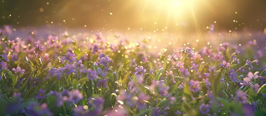 Fototapeta premium A field of wild violet flowers in the grass bathed in sunlight Spring summer ecology rural life authenticity cottagecore Copy space