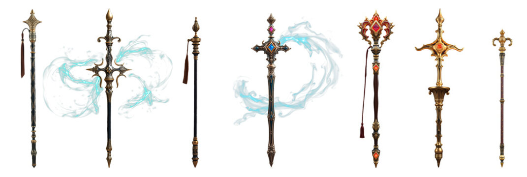 set of magic wizard staff isolated on transparent background.generative AI
