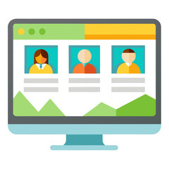 Illustration of a computer monitor displaying a website with three profile pictures and text