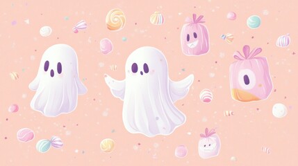 Cute ghosts playfully floating amidst colorful candies on a soft, pastel background, perfect for Halloween or whimsical designs.
